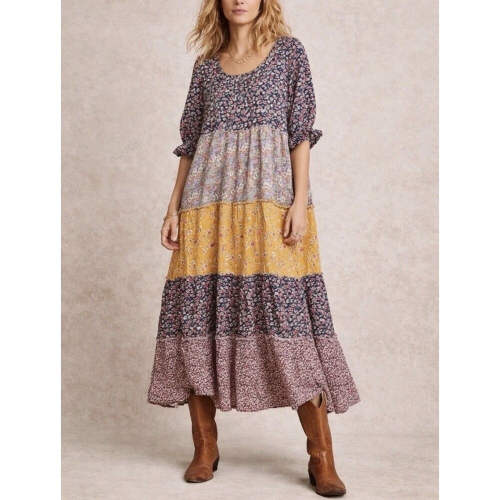 Natural Life Floral Patchwork Tiered Midi Dress Boho Cottagecore Festival XS